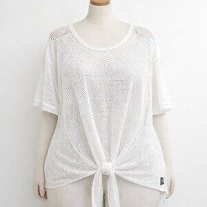 ROUGE Collection White Mesh Tie Front Top Plus Size 4X Sheer Lightweight